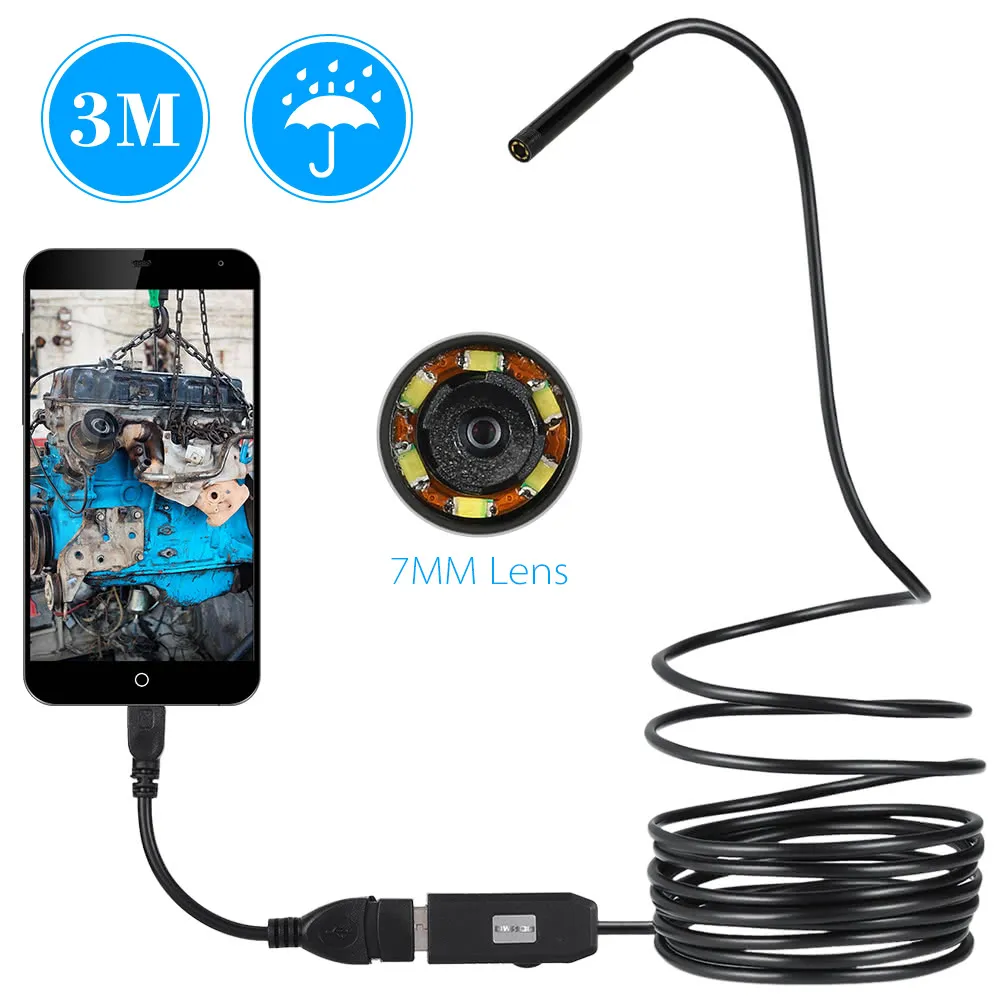 Caméra d'endoscope USB de 7mm 1/2/3 / 5m câble câble imperméable câble d'inspection de tube de serpent Borescope pour OTG Android Téléphone PC