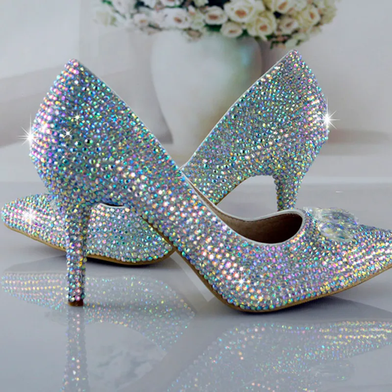 Zapatos de Cenicienta de moda Bling Glitter AB Crystal Prom Zapatos de fiesta de bodas Punta estrecha Mujeres Rhinestone Bombas Tacones altos Tamaño grande 42