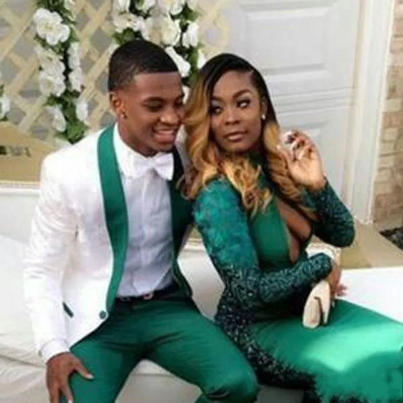 DHgate Men White Jacquard Green Shawl Lapel Wedding Tuxedos 2 Piece Groom Prom Dinner Suit Wedding Party Events