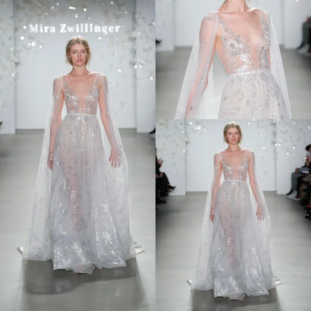 Moderne Mira Zwillinger A-Linie Brautkleider, V-Ausschnitt, ärmelloses Pailletten-Brautkleid, Sweep-Zug, Robe de Mari￩e