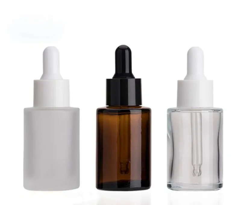 Gros Amber Clear Frosted plat épaule 30ml bouteilles en verre compte-gouttes liquides 1oz avec pipette en verre pour emballage cosmétique