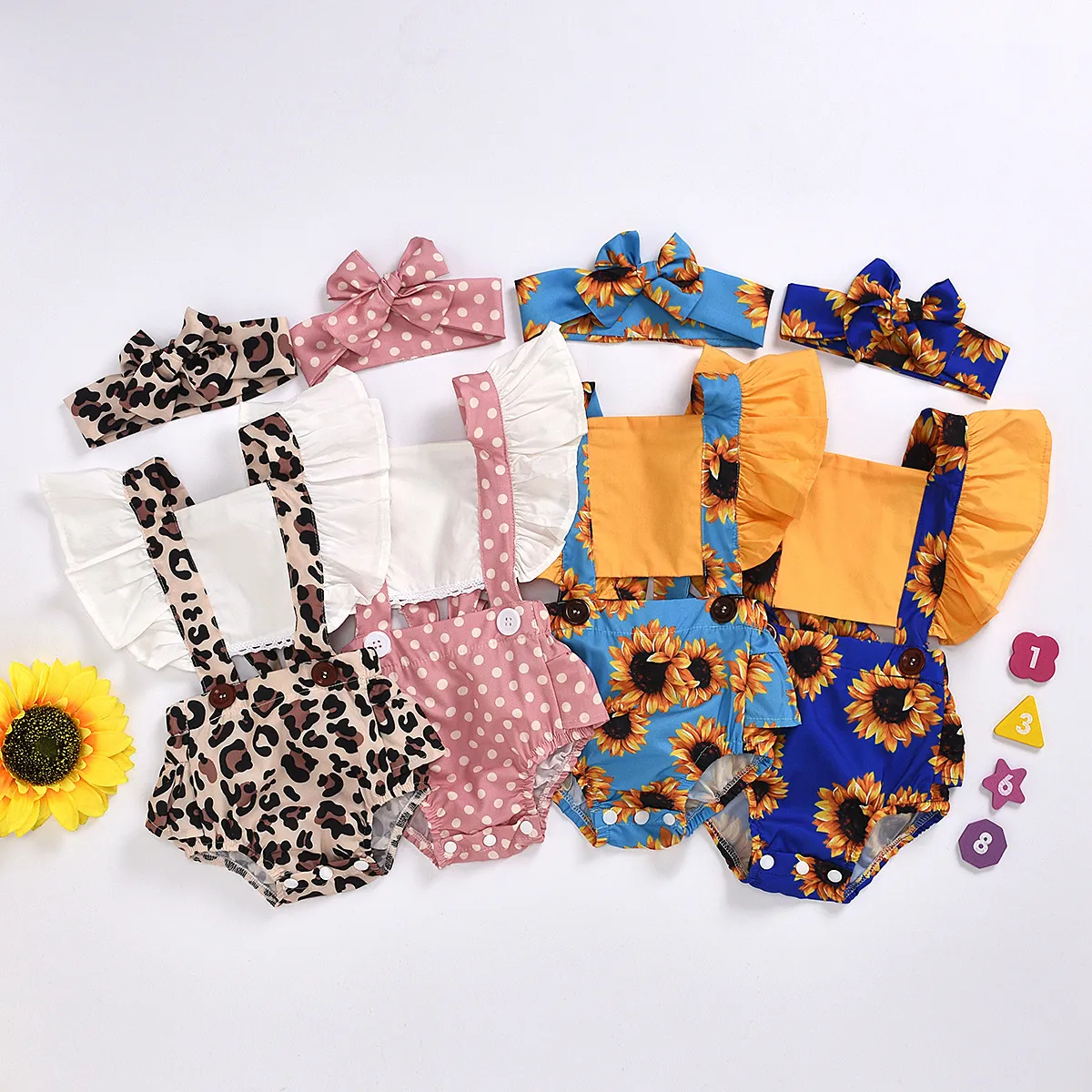 Baby Mädchen Rüschen Fliegen Hülsenspielanzug Cartoon Infant Floral Dot Leopard Overalls Stirnbänder Set Sommer Mode Kinder Klettern Kleidung