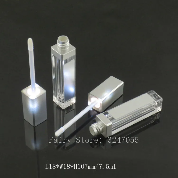 10/30 / 50PCS 7.5ml Tom makeup DIY Lip Glossflaska Svart / Silver Square LipGloss Tube With LED Light Mirror Labial Glair Bottle