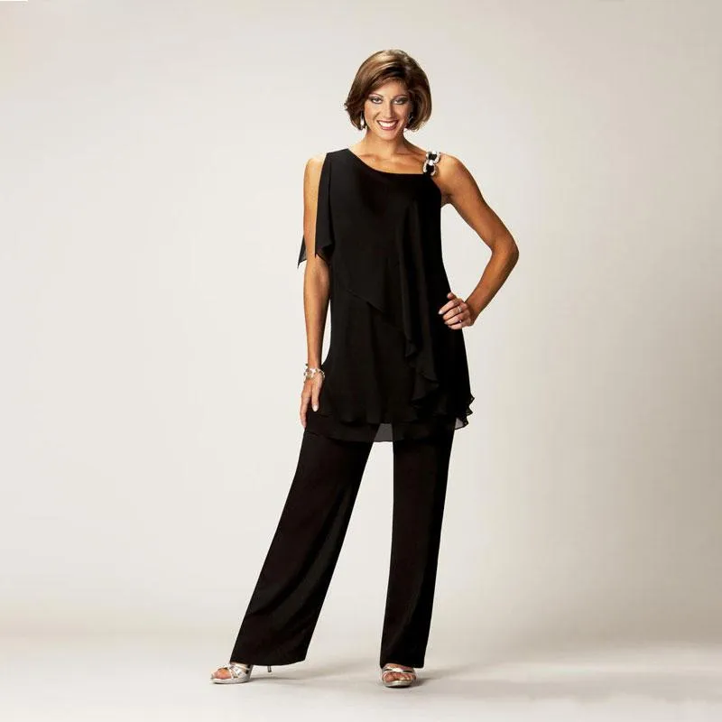 Abito pantalone per la madre della sposa in chiffon nero a due pezzi per abito da sposa con pantaloni a strati monospalla taglie forti Abito formale da sera