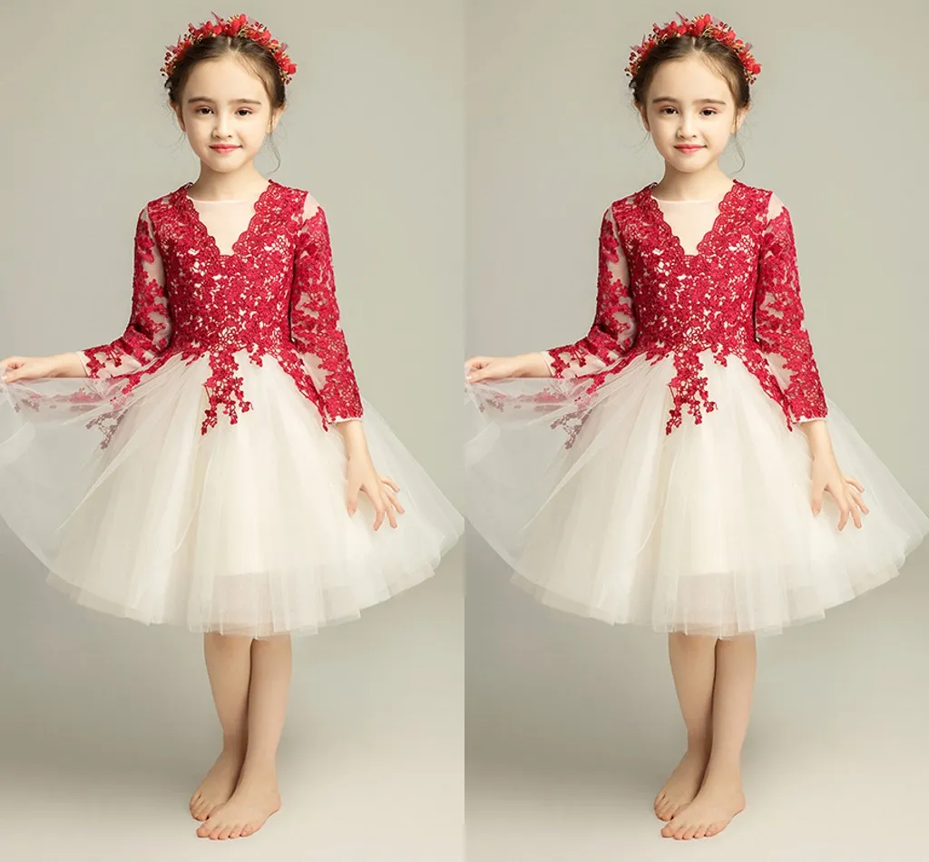 2019 robes de fille de fleur à manches longues pure champagne avec dentelle rouge applique bijou petites filles robe d'occasion spéciale robes de soirée pour enfants