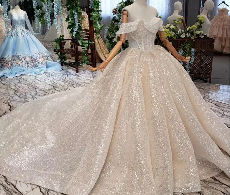 2020 New Stock Bling Charming Ball Gown Wedding Dresses Off The Shoulder Court Train Sequined Princess Bridal Wedding GOwns