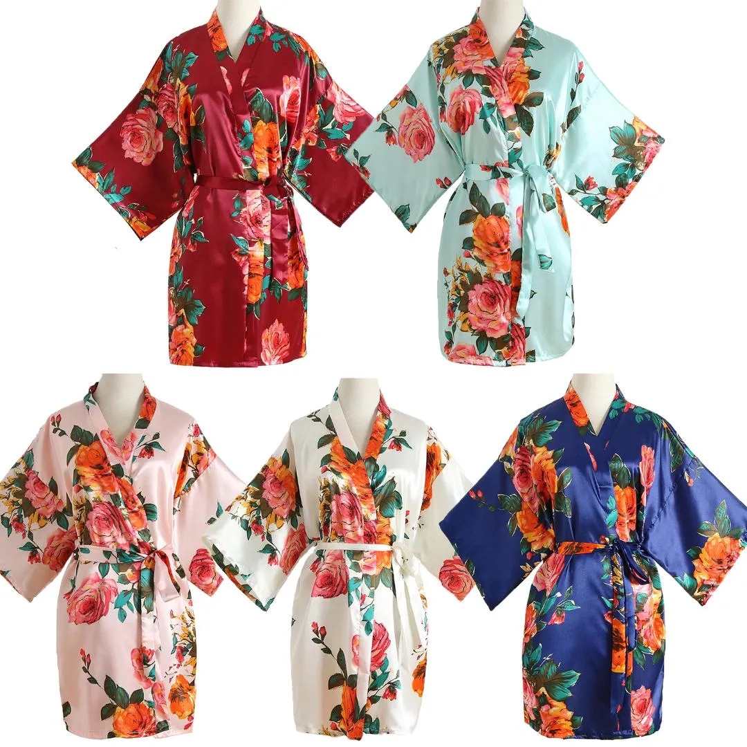 Charmig V-Neck Kimono Badrock Rayon Sleepwear Mini Bride Bridesmaid Bröllop Robe Skriv ut Floral Nightwear Nightdress One Size