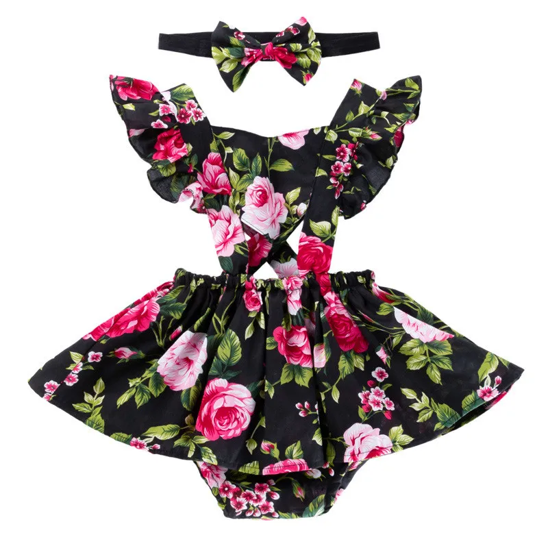 Nouveau-né bébé fille vêtements filles robes avec bandeau enfants vêtements de marque filles barboteuse florale pour enfant volants manches Saint Valentin