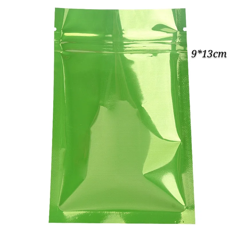 Mylar Zip Lock Pouch Bags Voedsel Opslag Rits Zegeling Verpakking Zak Droge Bloemen Pakket Pouches Groen 100 Stks 9 * 13cm (3.54 * 5.11inch) Glanzend