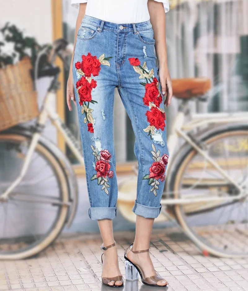 Jeans stretch pour femmes, pantalons pour femmes, fleurs de couleur, broderie 3D, pantalons à trous, plus la taille 20 21