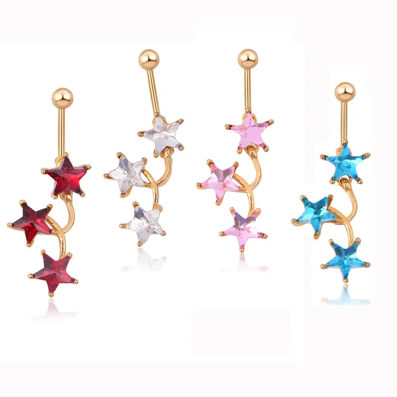 Sexy étoile couleur rouge Wasit danse du ventre cristal bijoux de corps en acier inoxydable strass nombril cloche bouton Piercing anneaux pour femmes