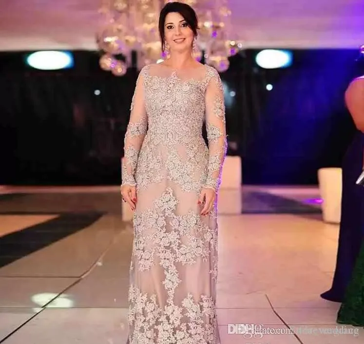 2019 Abiti per la madre della sposa a maniche lunghe Arabo Sheer Neck Abiti da madrina formale da sera per ospiti della festa nuziale Plus Size Custom Made