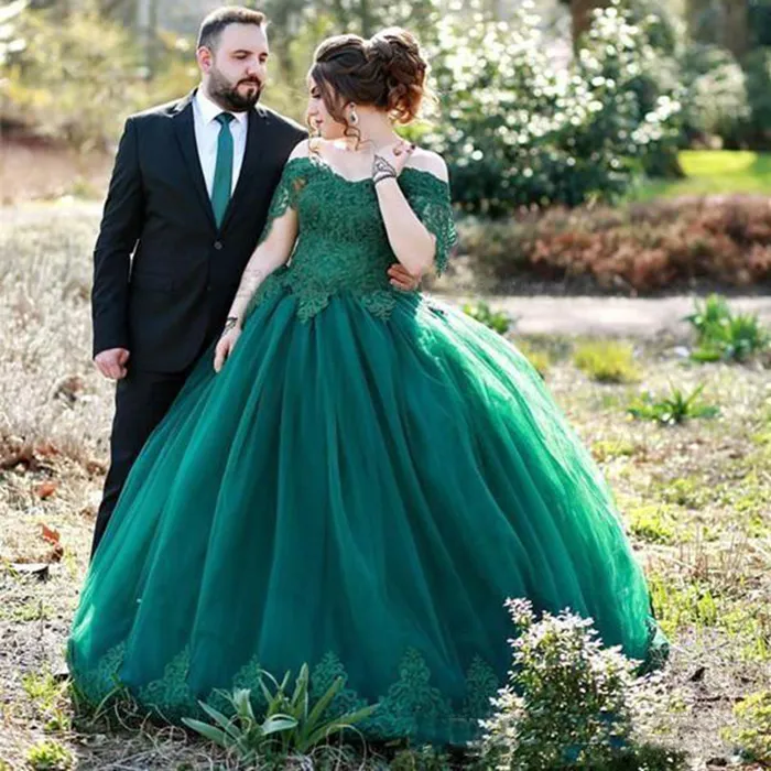 Элегантное Темно-зеленое шаровое платье Quinceanera платья с плеча аппликации кружева плюс размер выпускных платьев вечерние платья