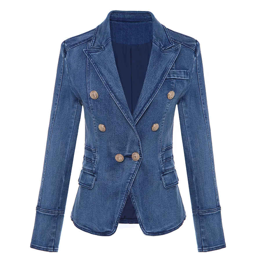 ALTA QUALITÀ New Fashion 2018 Designer Blazer da donna Bottoni in metallo con leone Doppio petto Giacca in denim Cappotto esterno CJ191201