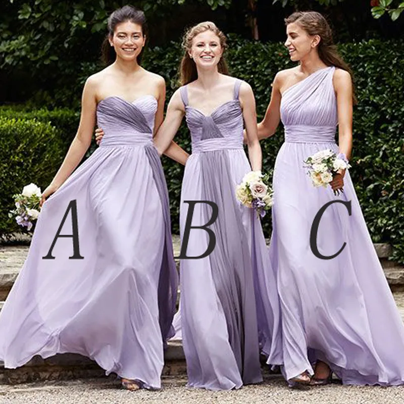 Lavender Chiffon Long Bridesmaid Dresses Sweetheart One Shoulder Straps Mix Colors Maid of Honor Gowns Custom Made