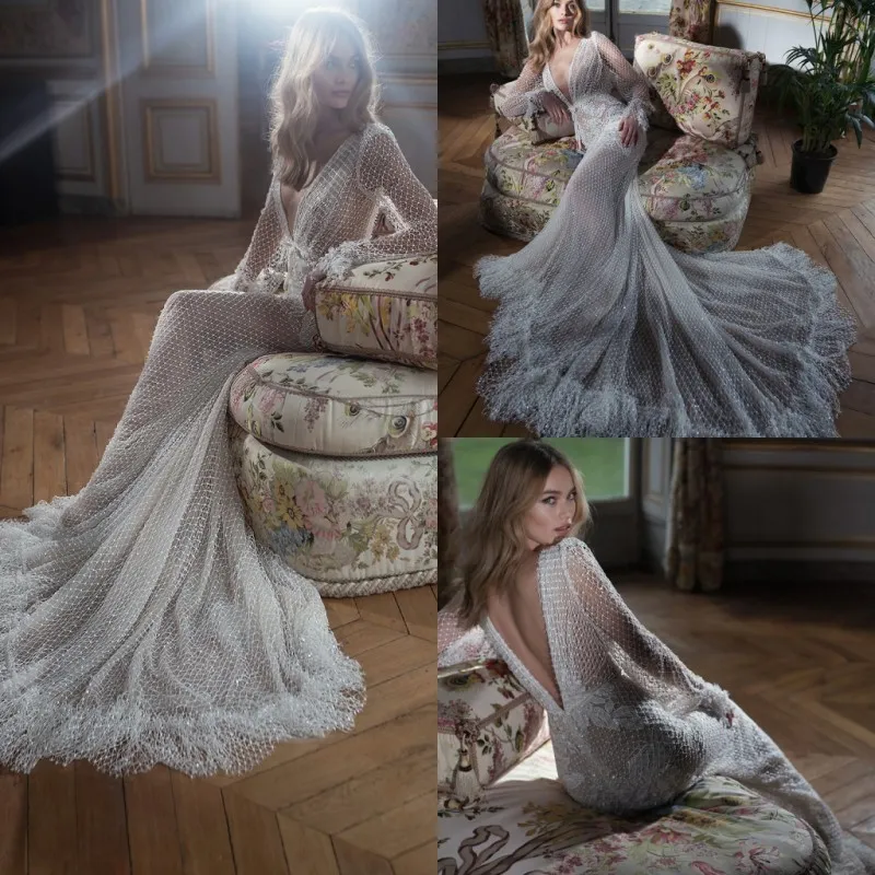 Inbal Dror 2019 Abiti da sposa Scollo a V profondo Manica lunga Abiti da sposa senza schienale sexy Sweep Train Abiti da sposa a sirena Vestidos De Novia