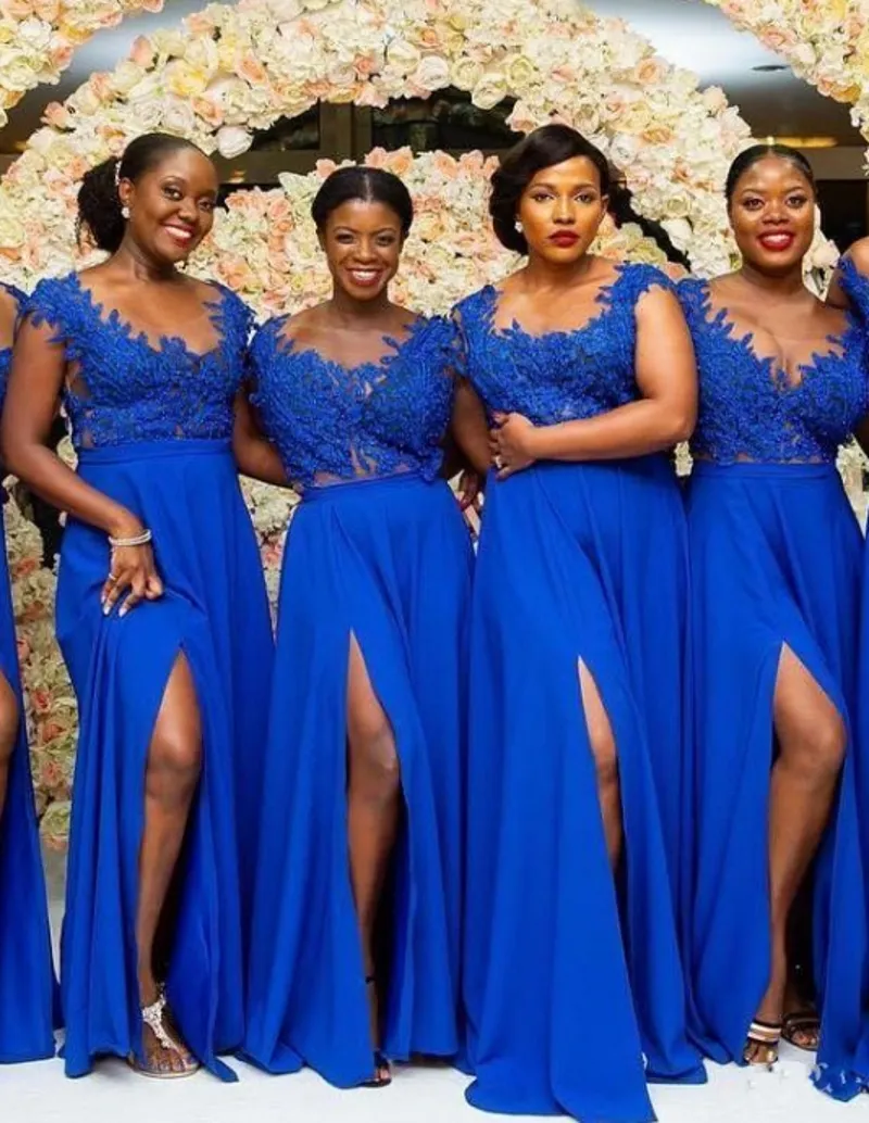 Plus Size Royal Blue Front Split Bridesmaid Dresses Lace Appliques African Maid of Honor Gown Black Girls Floor Length Wedding Guest Dress