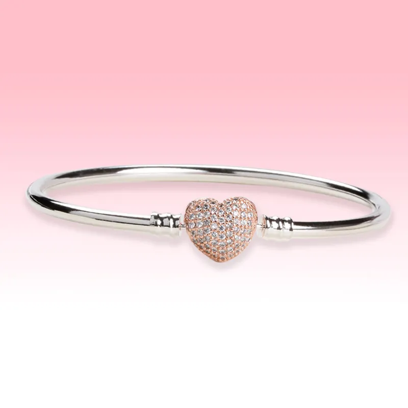 Love Hearts Clasp Bröllop Bangle Armband Kvinnor Present Smycken Med Original Box för Pandora 925 Stelring Silver CZ Diamant Armband