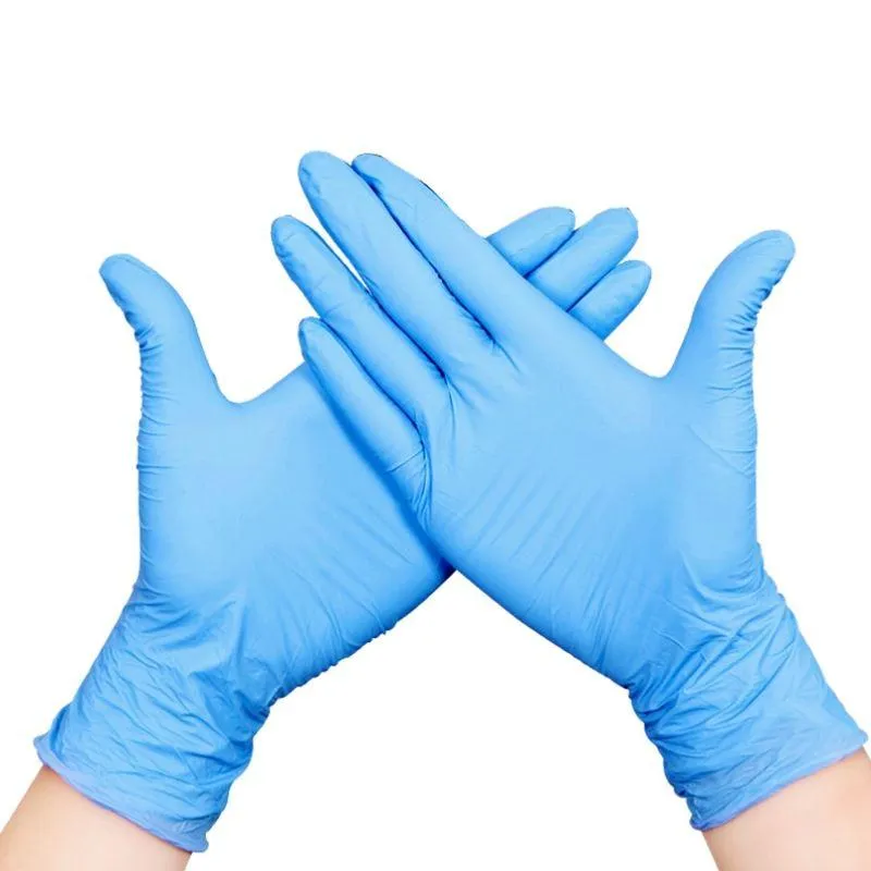 atacado cor azul descartáveis ​​luvas luvas descartáveis ​​de plástico à prova de pó de borracha nitrílica resistente a desgaste limpeza doméstico luvas anti derrapagem