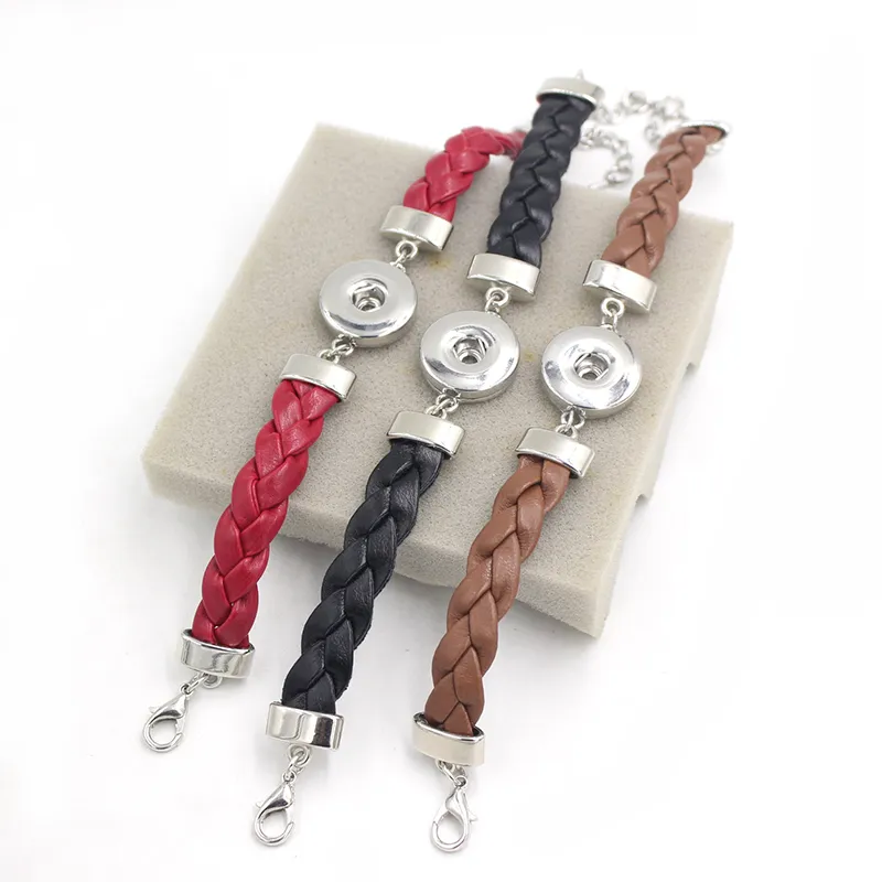 Wholesale New Arrival 3 Colors Braid Leather Bracelet Bangle Interchangeable Snap Bracelet for women 18mm Snap Jewelry