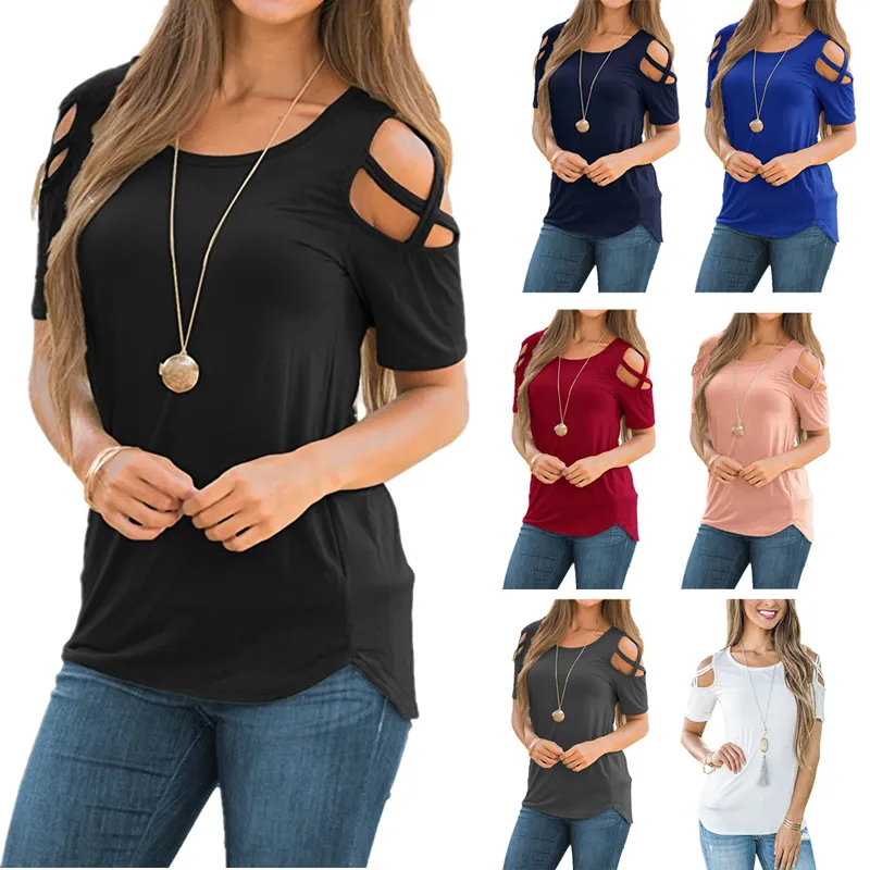 Camicia da donna con scollo tondo e spalle scoperte Magliette casual a maniche corte Spalle allacciate maniche Scollo a V T-shirt larghe Pullover Top Plus Size