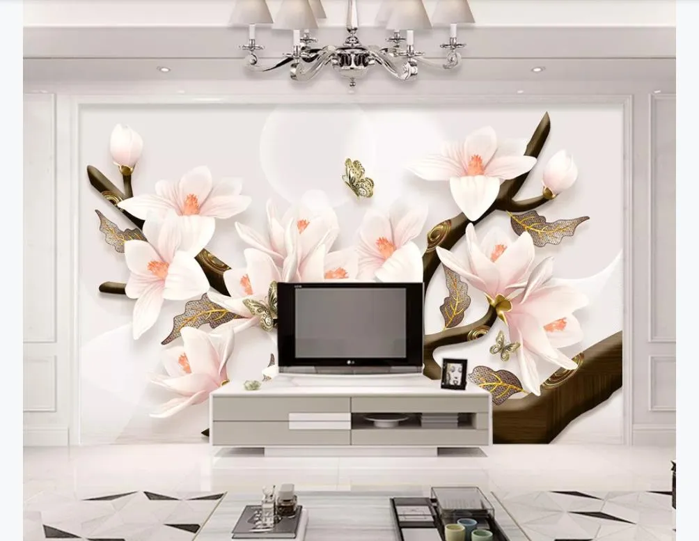 Customized 3d mural wallpaper photo wall paper 3D three-dimensional embossed magnolia pen and flower living room TV background mural