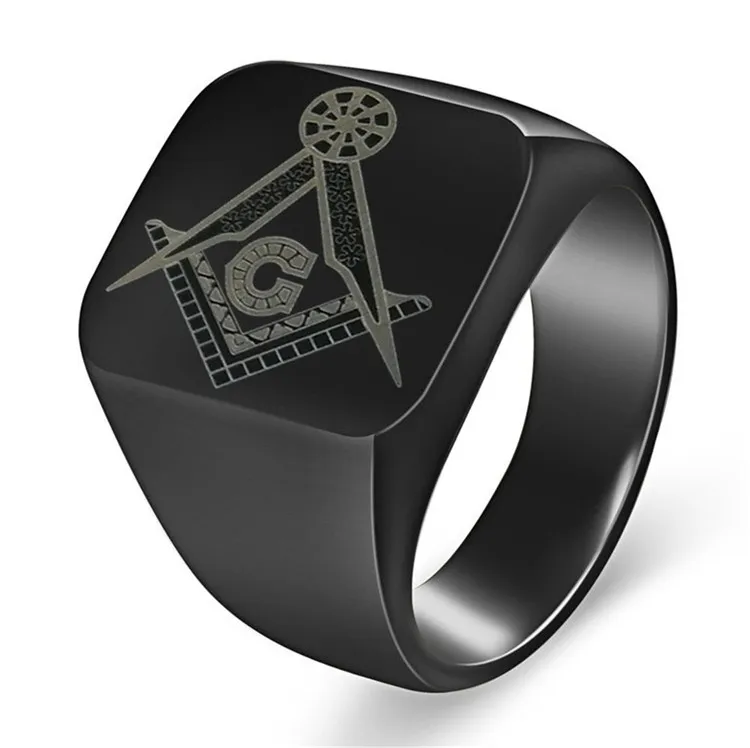 Unique Acier Inoxydable Noir Maçons Symbole Anneaux Bijou Laser Argent Or Maçonnique chevalière Franc-maçon Lodg bijoux pour homme