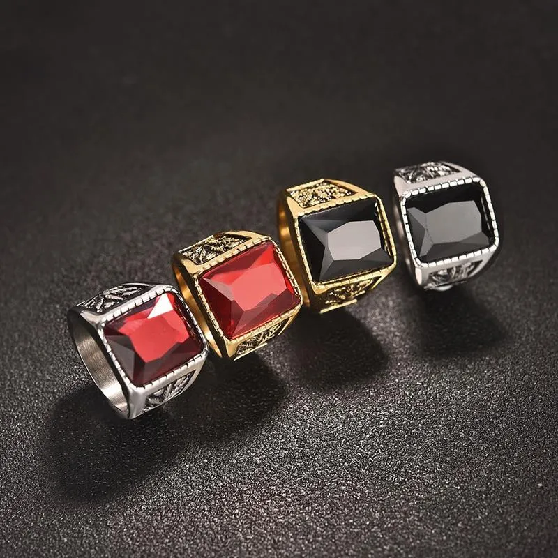 Модные мужчины квадрат черный красный каменный кольцо титановое стальное ретро -сигнал кольцо рок панк мужской ювелирные аксессуары парня подарок 6580146