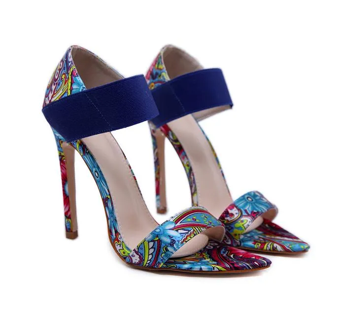 Plus Size 35 To 40 41 42 Elastic Strap Patchwork Phoenix Printed Designer High Heels Blue Orange Summer Shoes