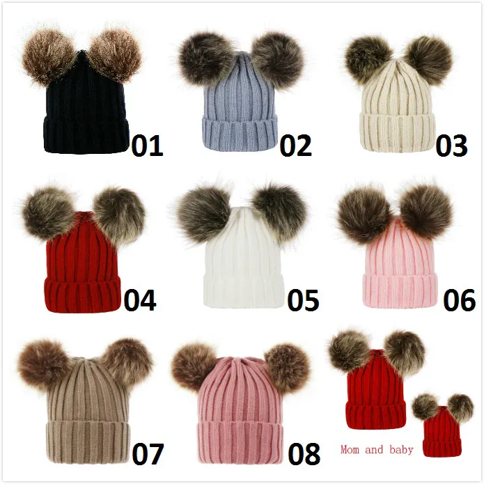 Infant Kids Knitted Wool Hats Faux Fur Ball Pom Poms Crochet Caps Winter Warm Mom And Baby Parenting Beanie Cap DHL