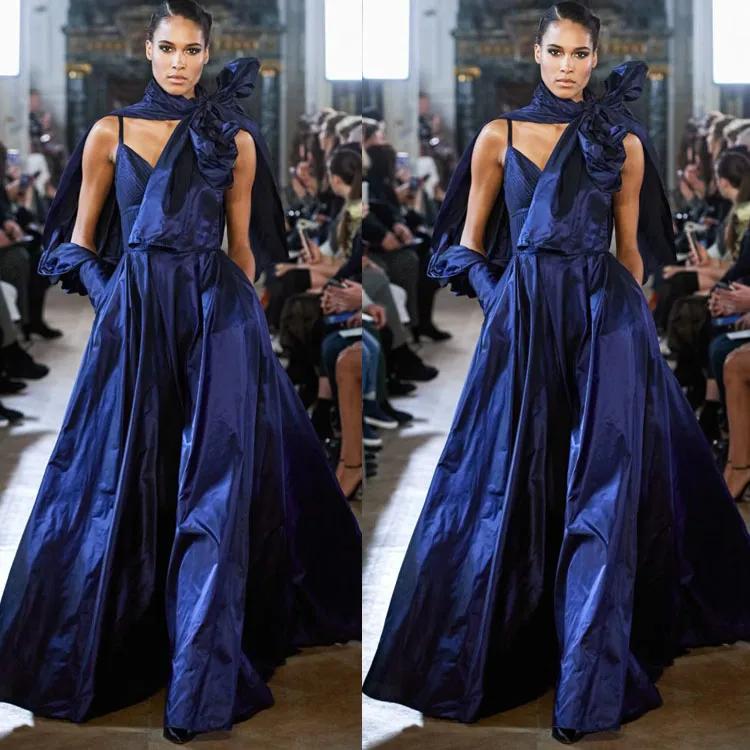 블루 엘리 사브 이브닝 드레스 새틴 스파게티 계층 프릴이 레드 카펫 드레스 새로운 섹시한 라인 활주로 패션 드레스