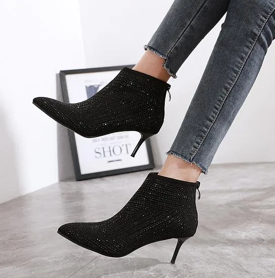 Chic Black Rhinestone Kitten Heel Bootie 6cm Fashion Luxury Designer Kvinnor Skor Vinter Stövlar Storlek 34 till 40