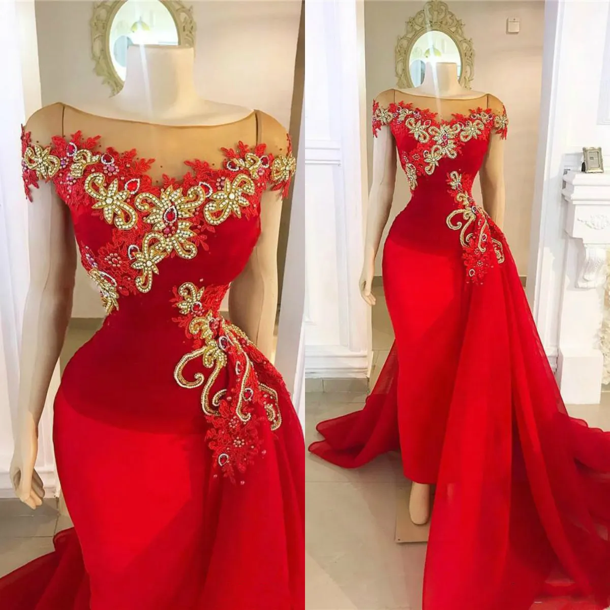 Luxury Beaded Red Mermaid Prom Klänningar med avtagbara tåg Kortärmade Kvällar Saudiarabiska Lång Formell Party Dress