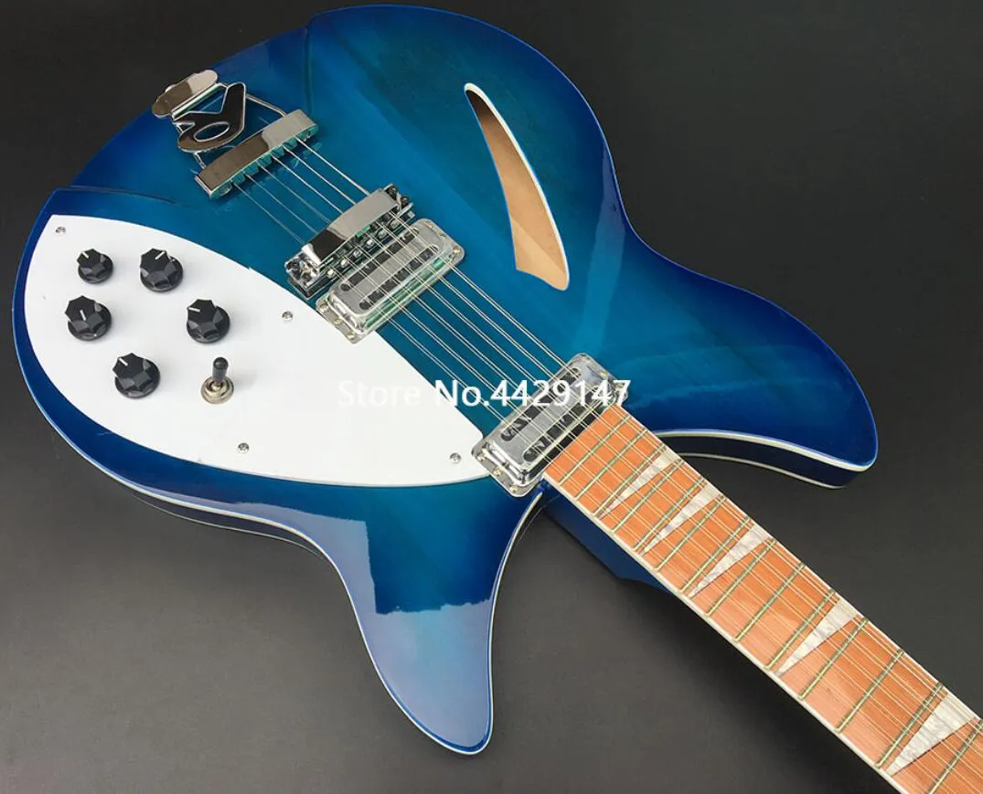 330 360 12 Strings Trans Blue Semi Hollow Body Electric Guitar Gloss Varnish Fingerboard Two Output Jack Dual Body Binding Five Konbs