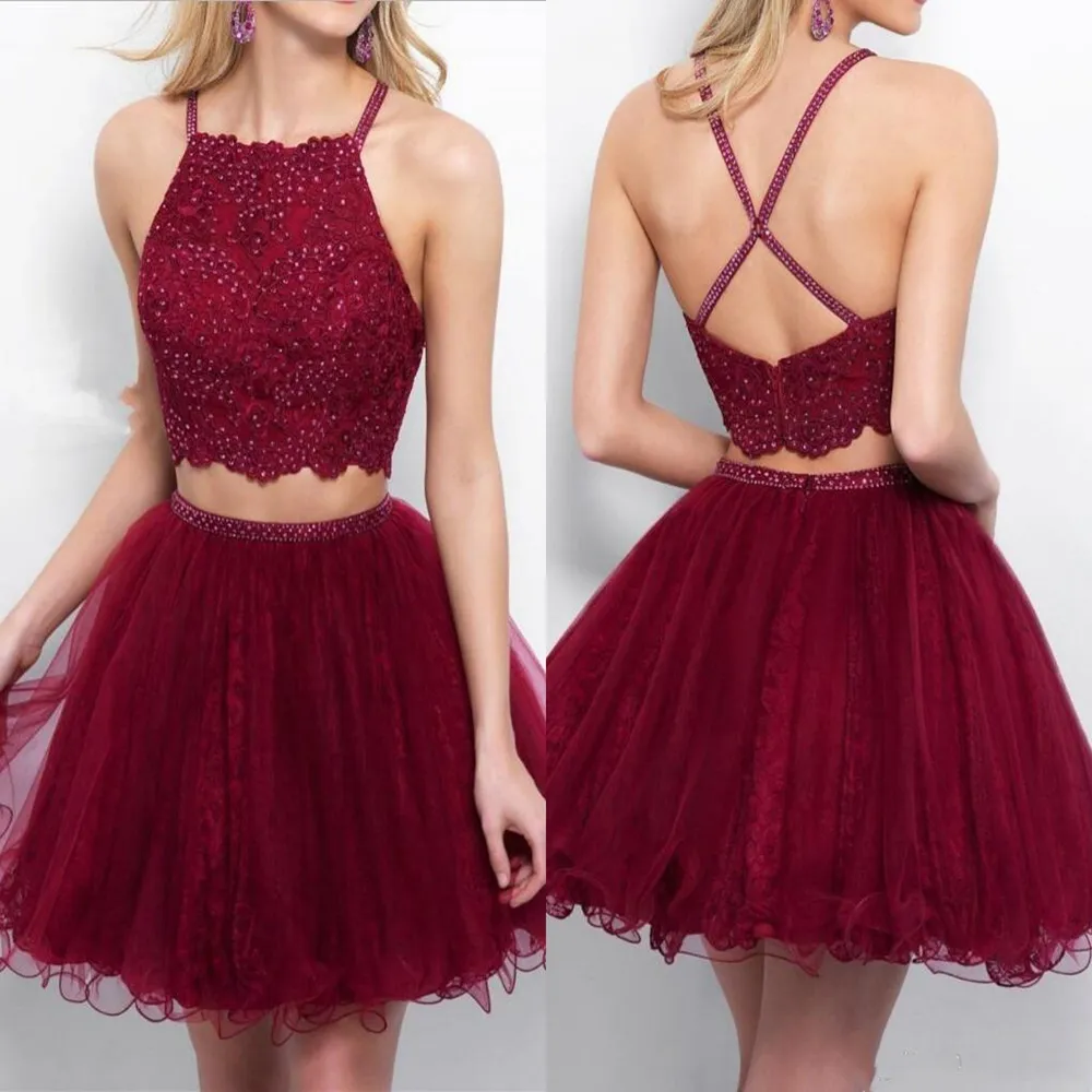 Burgundy Appliques Tulle Homecoming Dresses Beaded Piping Formal Party Gowns Two Pieces Short Prom Dresses 8th Grade Girls Cocktail Dresses