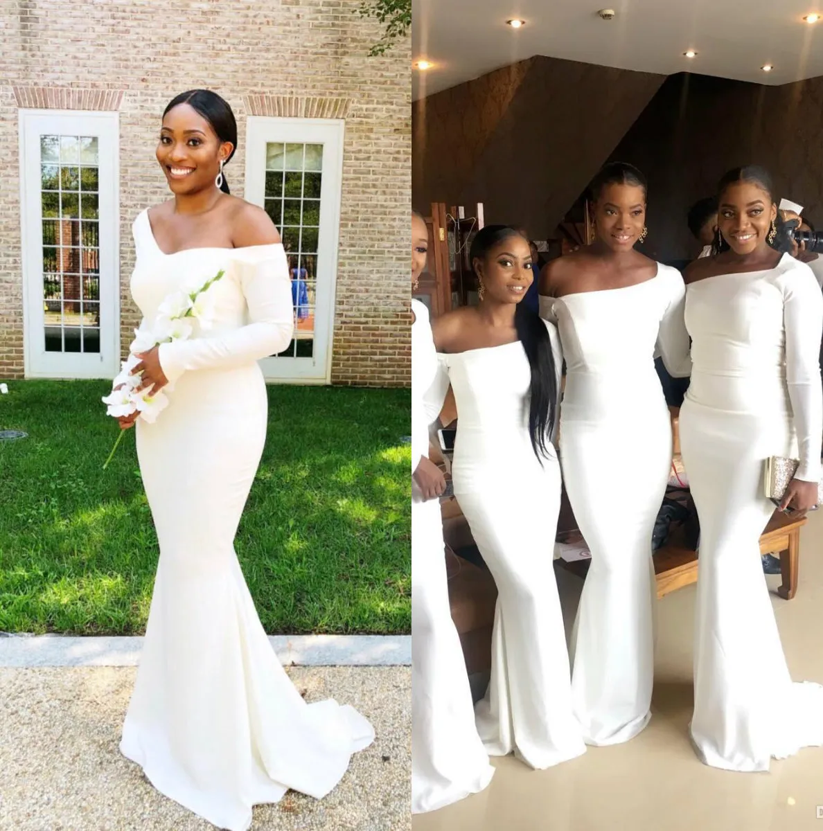 Cheap African Mermaid Bridesmaids Dresses Long Sleeves Off Shoulder Maid of Honor Dress Wedding Guest Dress African Nigerian Formal Dress