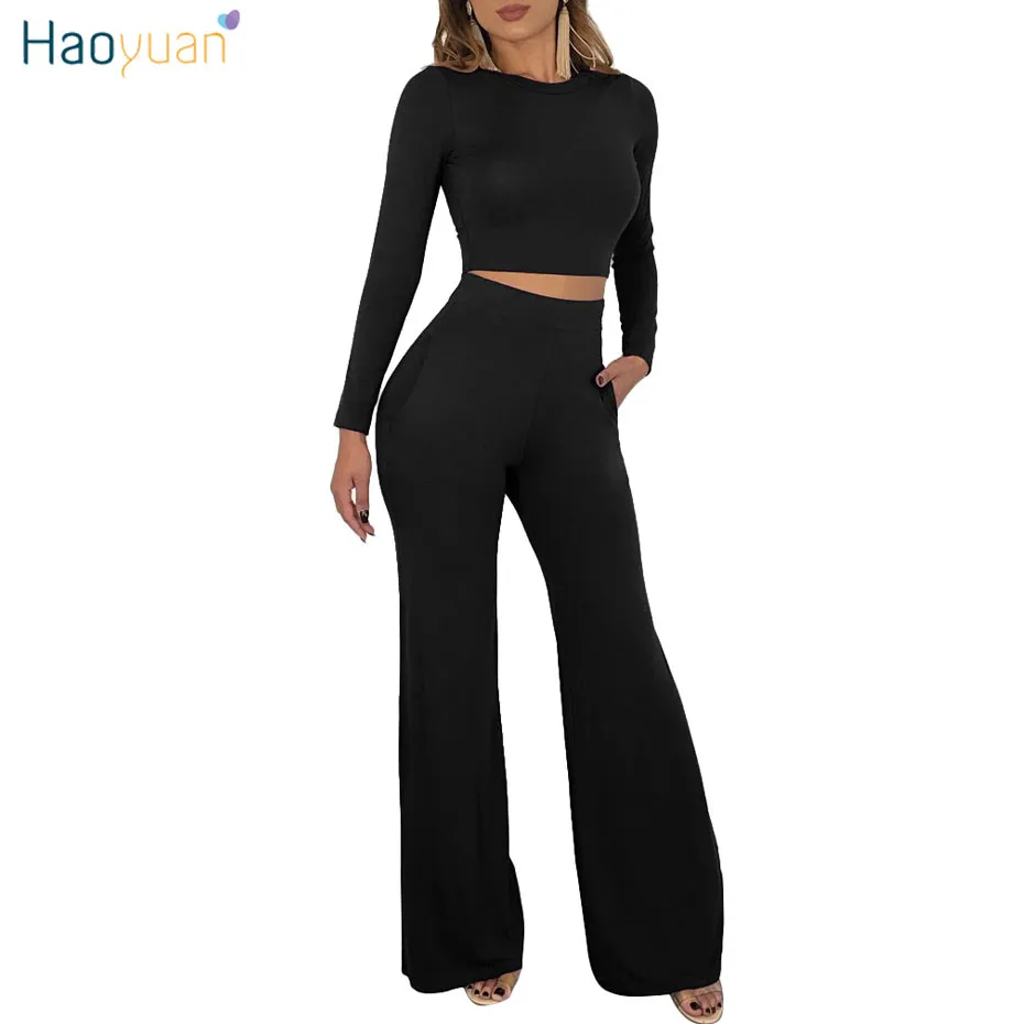 Vente en gros-HAOYUAN 2 pièces tenues pour femmes vêtements correspondant ensemble crop top et boot cut pantalons costumes automne hiver sexy club deux pièces ensembles