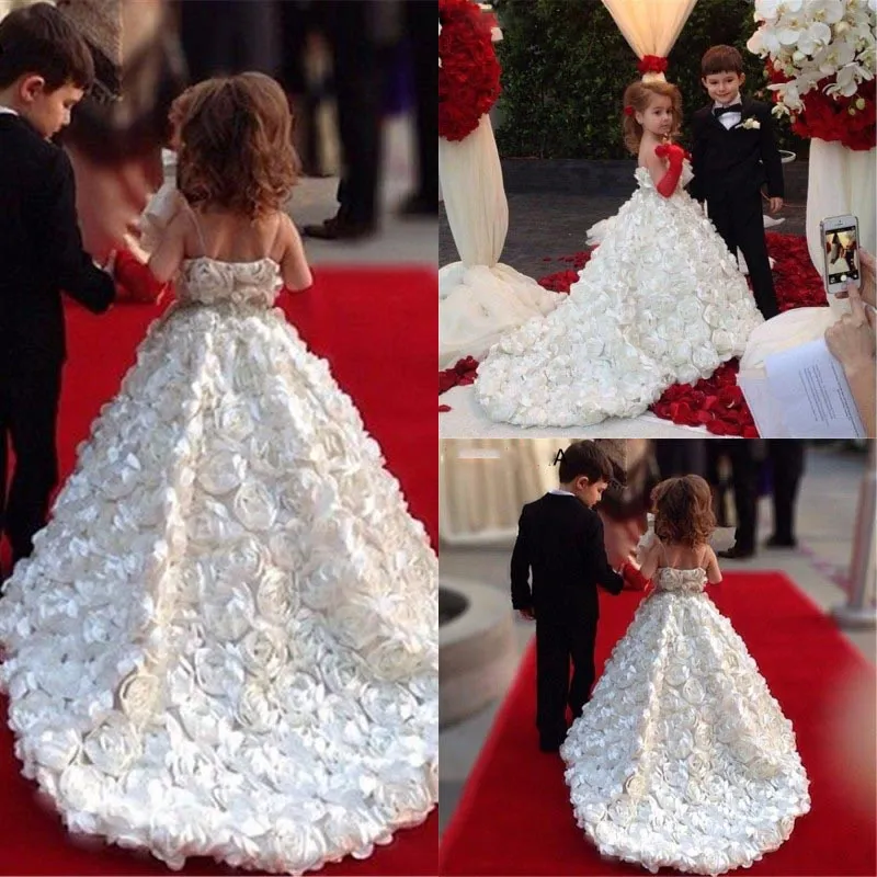 Blumenmädchenkleider Elfenbein Erstkommunion Kleider für Mädchen Ballkleid Wolke Perlen Pageant Kleider Vestido De Daminha