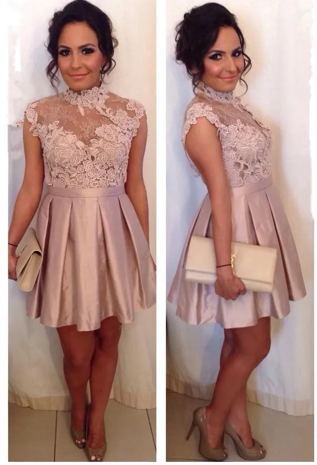 New High Neck Pink Short Homecoming Dresses A Line Cap Sleeves Keyhole Backless Lace Cocktail Dresses Appliqued Prom Graduation Gowns