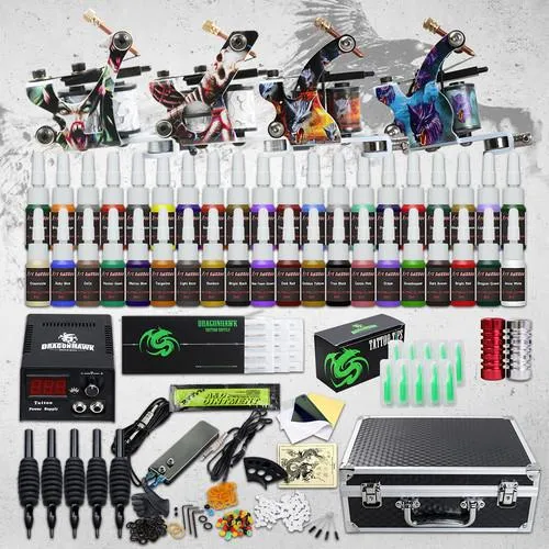 Complete Tattoo Kit 4 Machine Guns 40 Color Inks Voeding Naalden Tips Grepen Set