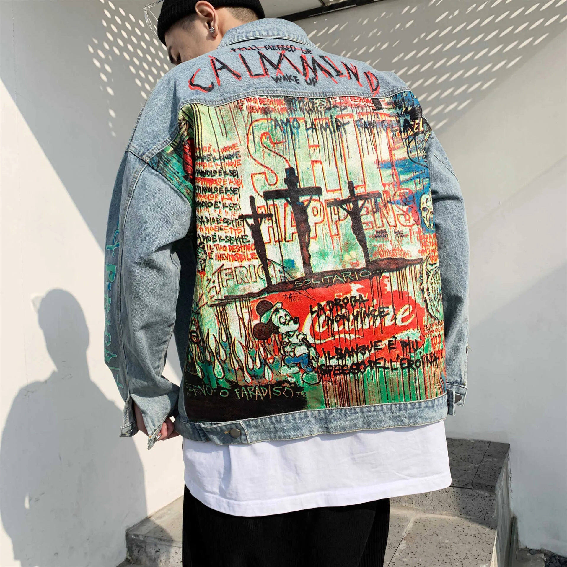 Дьявол Ручная роспись печать Мужчины Denim Jacket Cartoon Graffiti печати Сыпучие пальто в стиле ретро хип-хоп Досуг Верхняя одежда L290 S191019