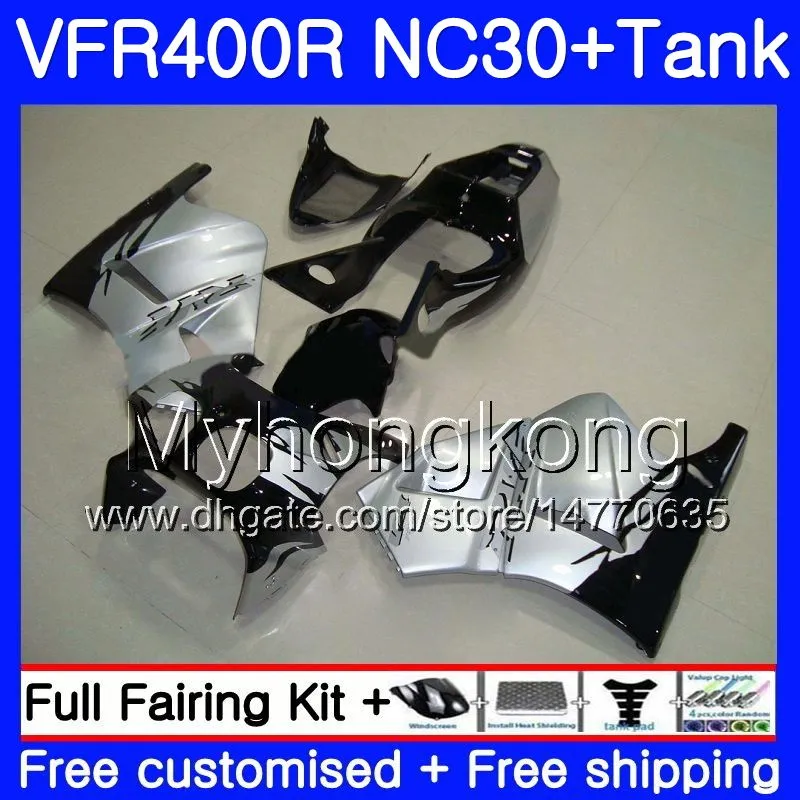 طقم لهوندا RVF400R VFR400 NC30 V4 أسود فضي VFR400R 89 90 91 92 93 269HM.16 RVF VFR 400 R VFR 400R 1989 1990 1991 1992 1993 Fairing