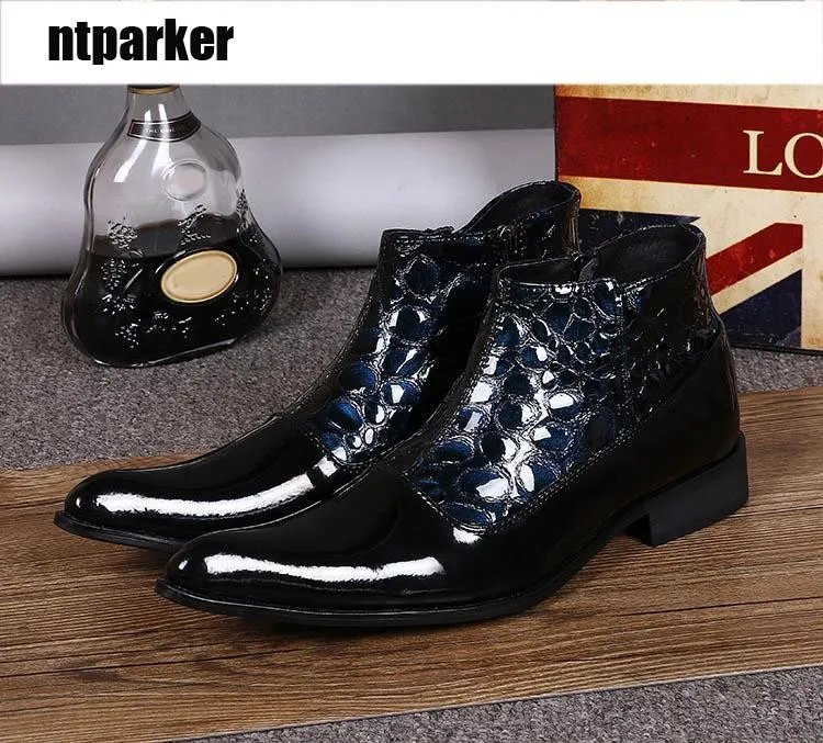 Western Design Ankle Boots Men Black Blue Formal Short Boots Men POP Botas Hombre Party and Wedding , EU38-36, US6-12