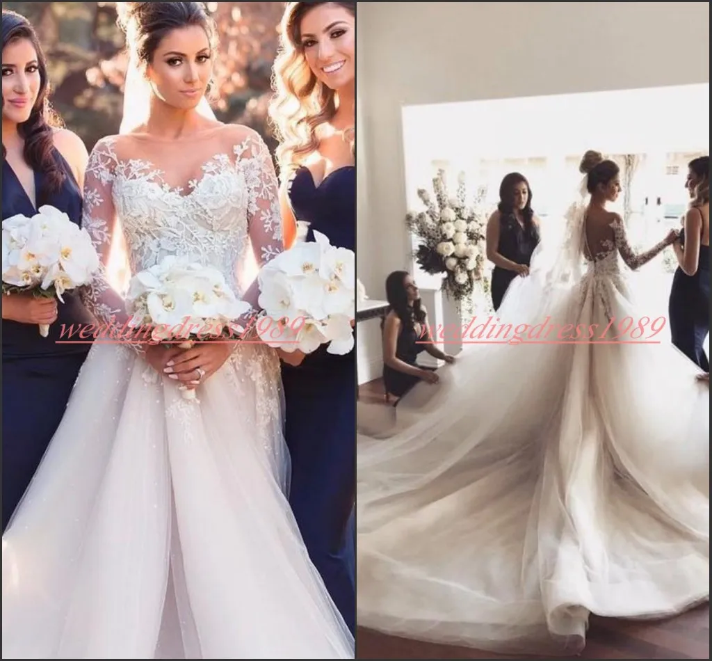 Wykwintowany arabski z długim rękawem koronki suknie ślubne suknie ślubne 2019 iluzja A-Line Sheer Długi pociąg Afryki Robe De Mariée Bride Dress Ball