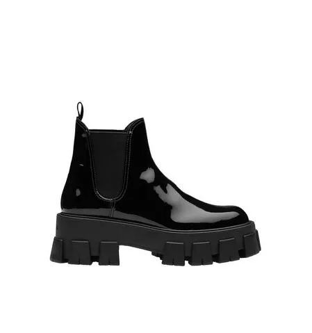 Original Box Monolith Patent Leder Booties Italien Luxus Neuerscheinung klobige Damen Punk Moto Stiefeletten schwarze Schuhe elastische Seite