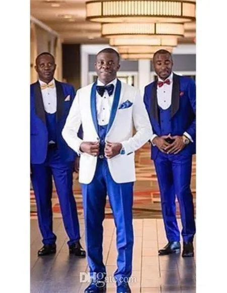 Biały Groom Tuxedos Royal Blue Lapel Groomsmen Suknia Ślubna Doskonała Kurtka Mężczyzna Blazer 3-częściowy garnitur (kurtka + spodnie + kamizelka + krawat) 658