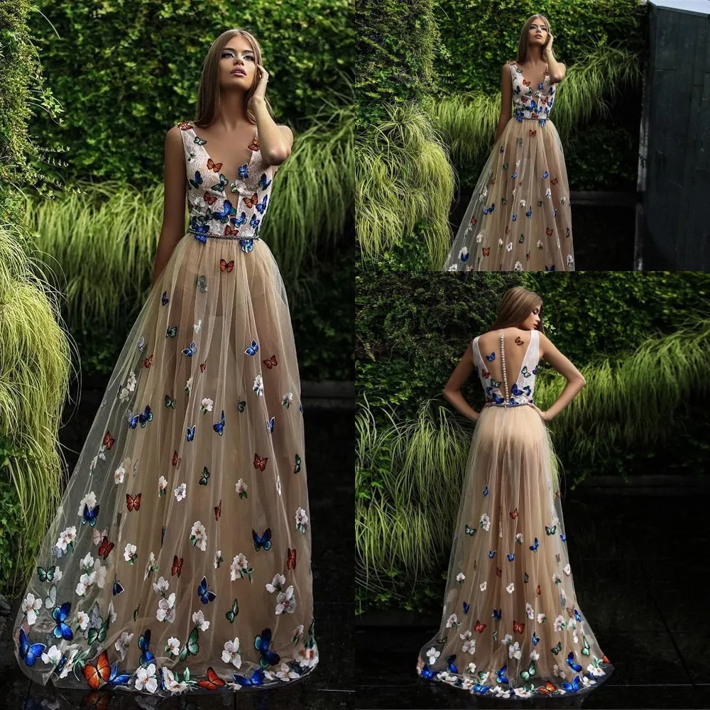 Nowy Sexy Champagne Butterfly Flowers Prom Dresses Głębokie V Neck Długie Suknie Wieczorowe Nosić Sheer Zadłany Przyciski Powrót Formalna Party Dress Custom