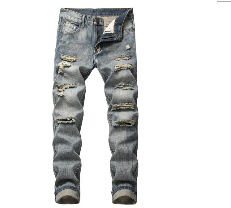Herr mode smal fit personlighet rakliga rippade jeans denim byxor jeans män mager män vaqueros hombre