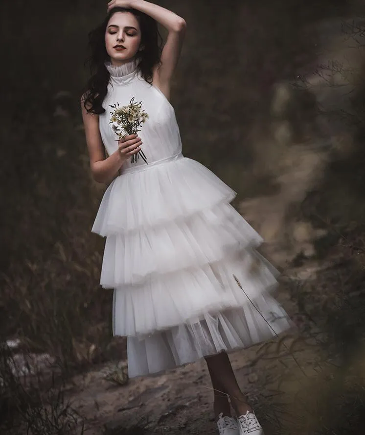 halter wedding dress tea length Halter Neck Wedding Dress 2026 A-Line Satin Bridal Gown Sleeveless High Neck with Fitted Waist, Ivory