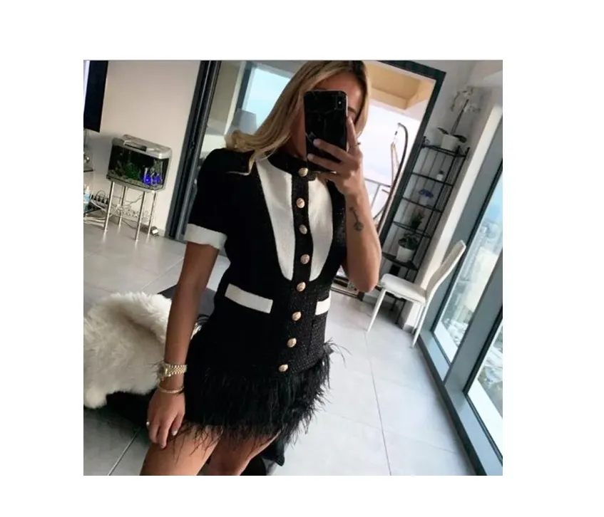 Premium New Style Top Quality Original Design Women's White & Black Hit Color Dress Metal Buckles Feather hem Mini Dress